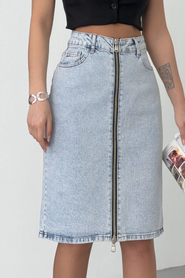 XLJ Medium Length Denim Skirt with Zippers on Double Side Mixed