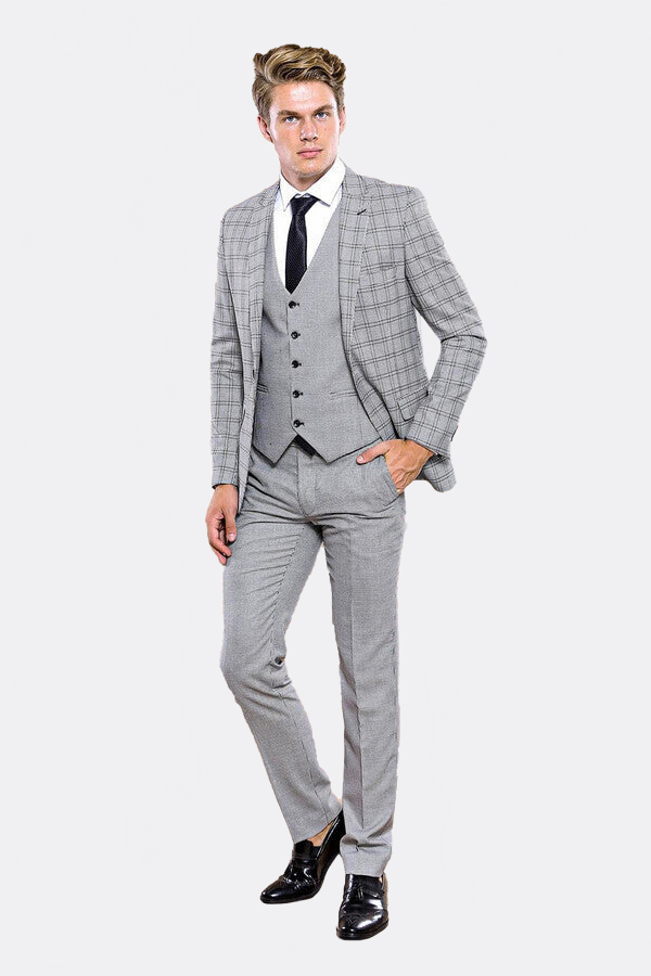 Grey Plaid Vested Men's Suit