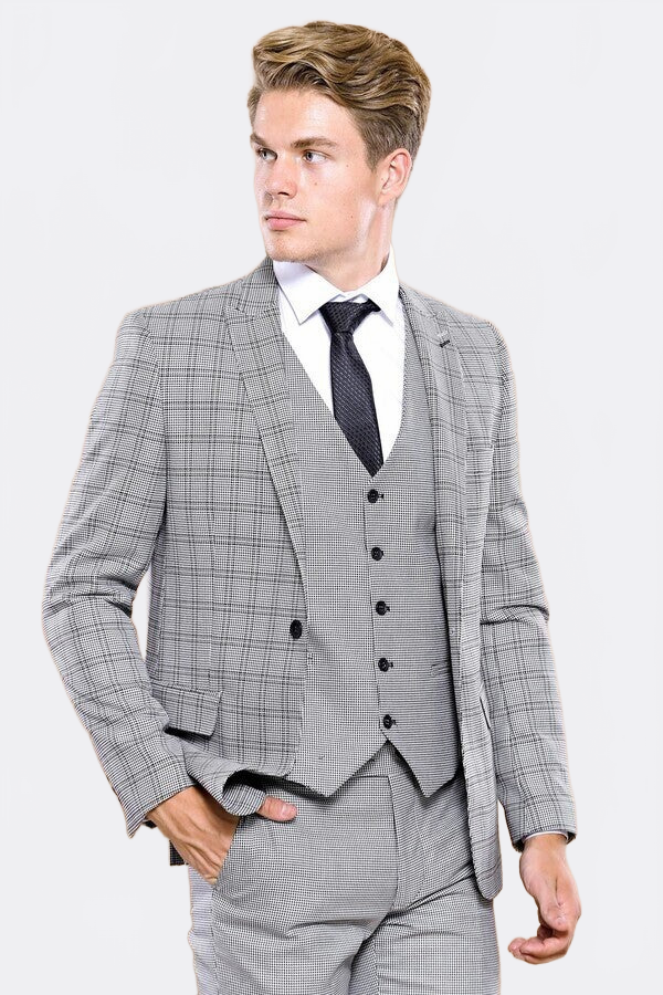 Grey Plaid Vested Men's Suit