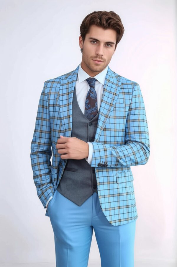 Grey Vested Slim Fit Checked Light Blue Men Suit