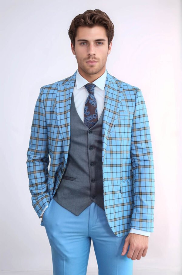 Grey Vested Slim Fit Checked Light Blue Men Suit
