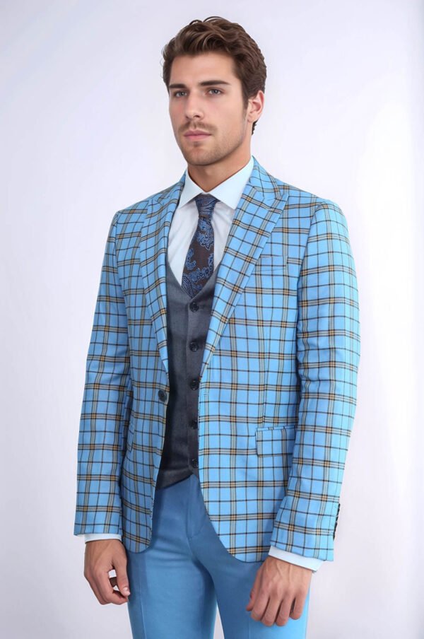 Grey Vested Slim Fit Checked Light Blue Men Suit
