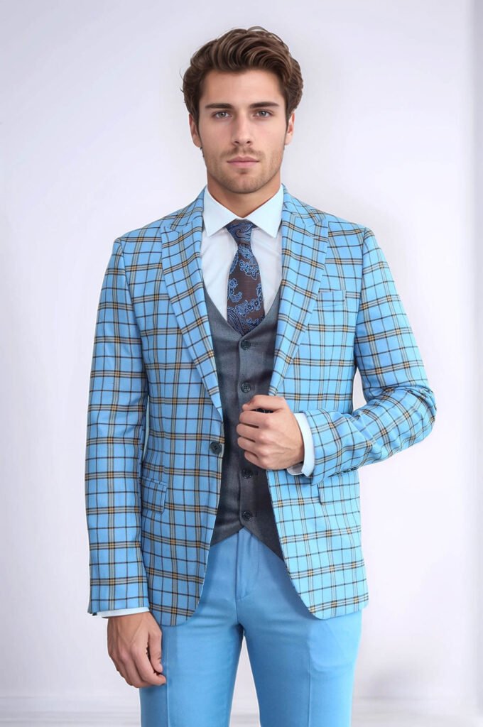 Grey Vested Slim Fit Checked Light Blue Men Suit