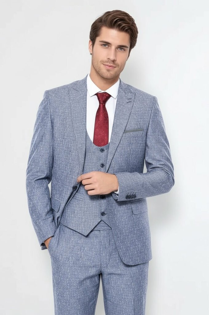 Linen Touch Blue Men's 3 Piece Suit