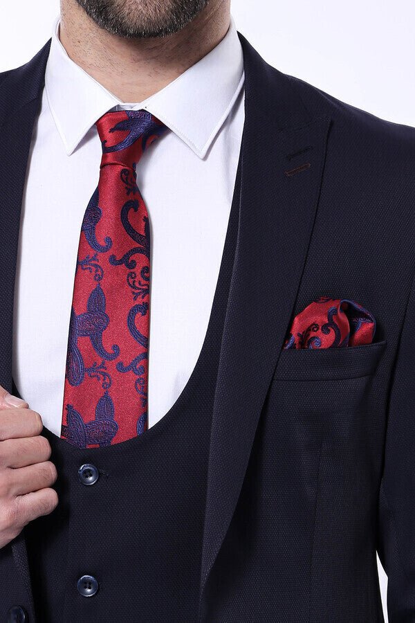Patterned Navy Blue Vested Suit