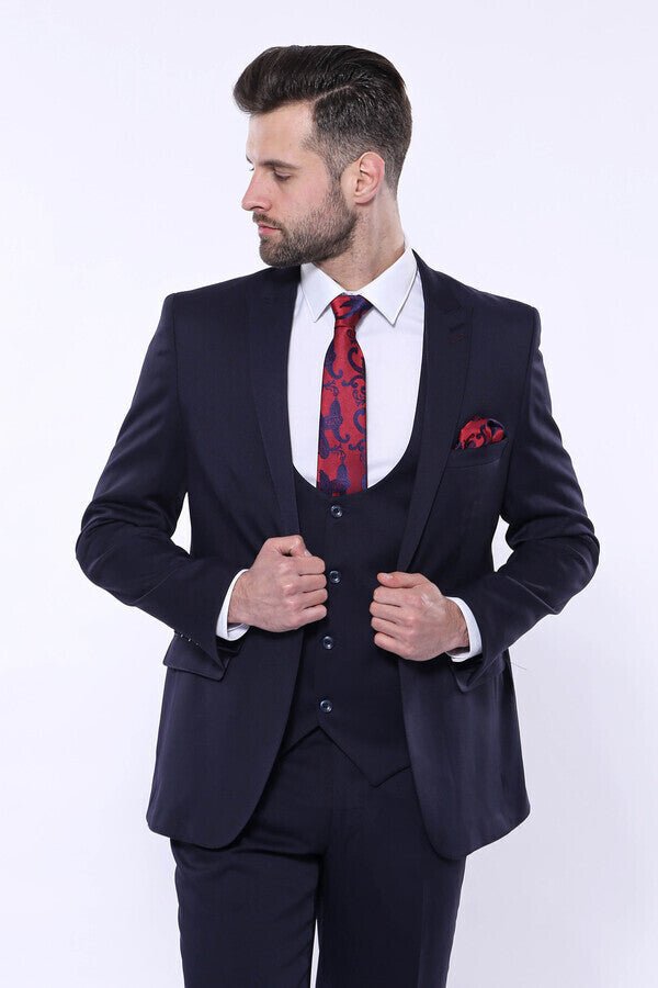Patterned Navy Blue Vested Suit