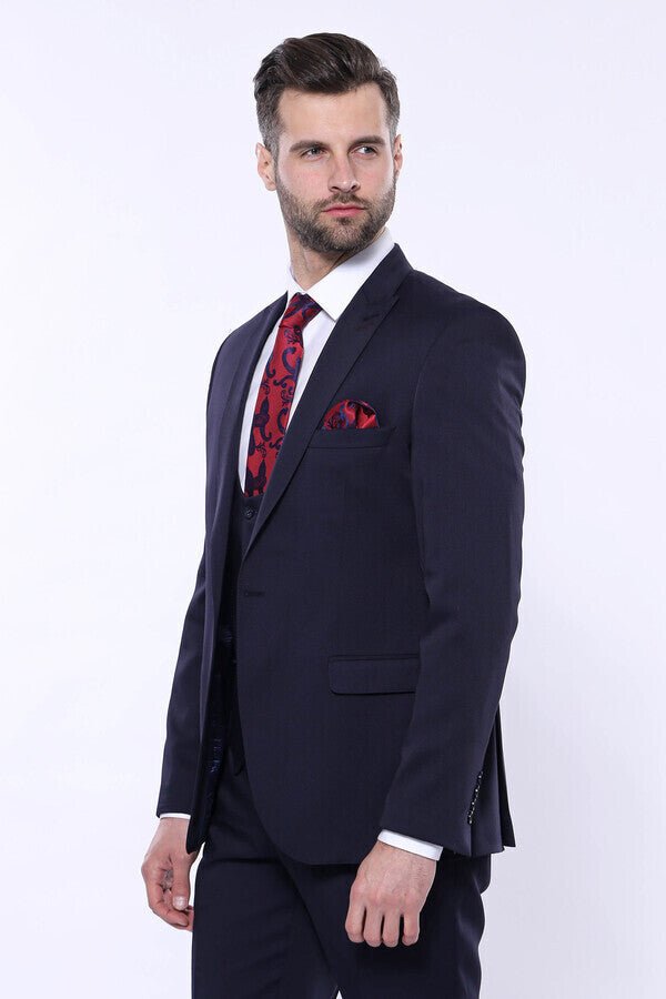 Patterned Navy Blue Vested Suit