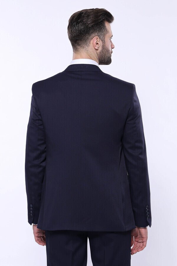 Patterned Navy Blue Vested Suit
