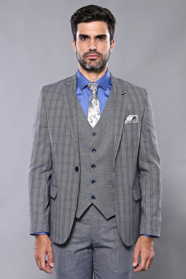 Plaid Navy Slim-Fit Vested Suit