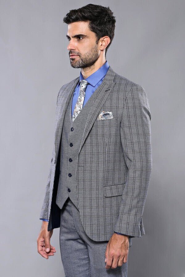 Plaid Navy Slim-Fit Vested Suit