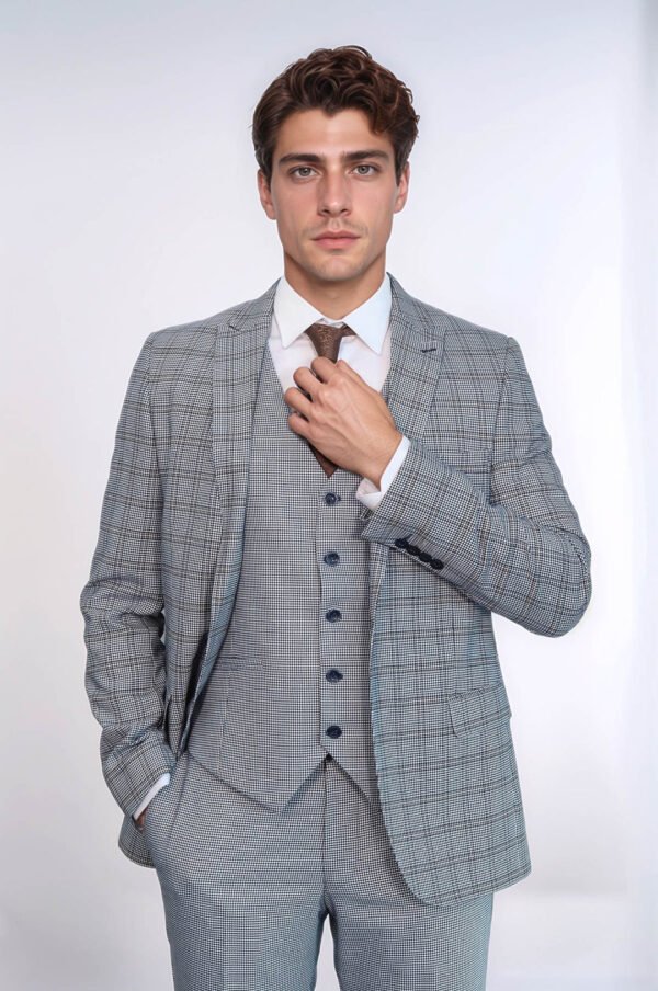 Plaid Slim-Fit Light Blue Men Suit