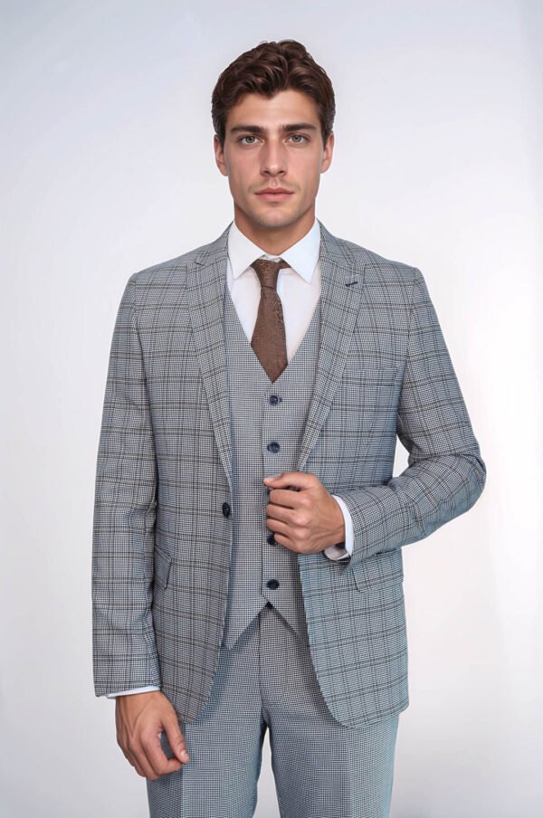 Plaid Slim-Fit Light Blue Men Suit