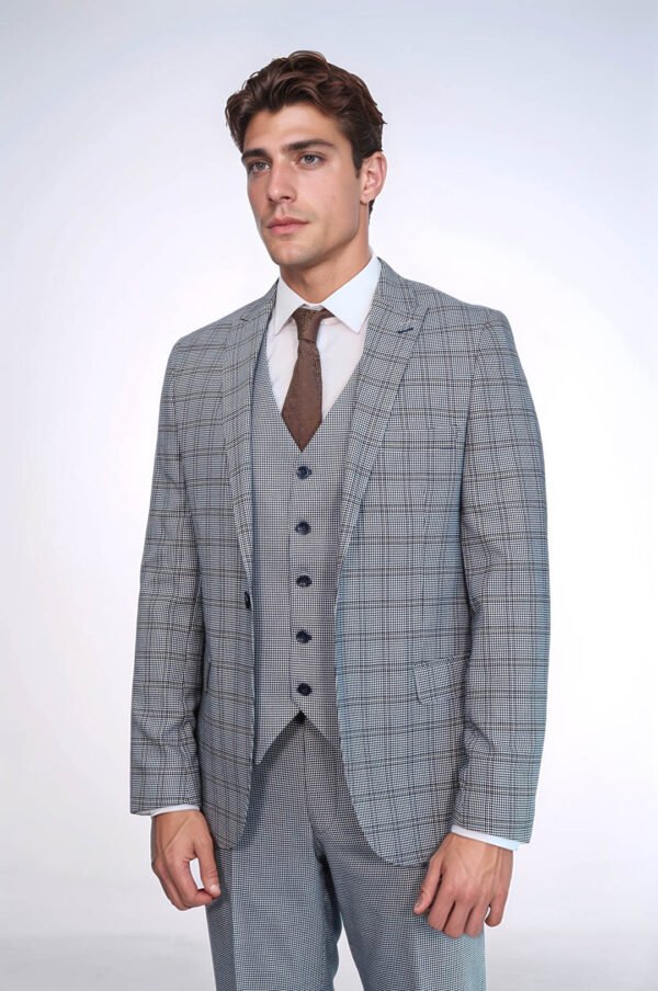 Plaid Slim-Fit Light Blue Men Suit
