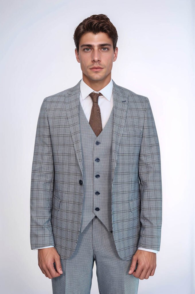 Plaid Slim-Fit Light Blue Men Suit