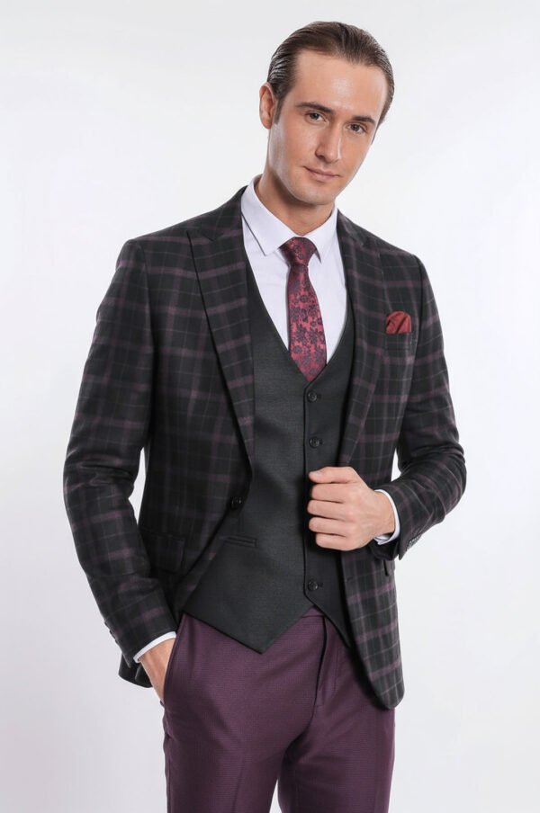 Purple Vested Slim Fit Checked Black Men Suit