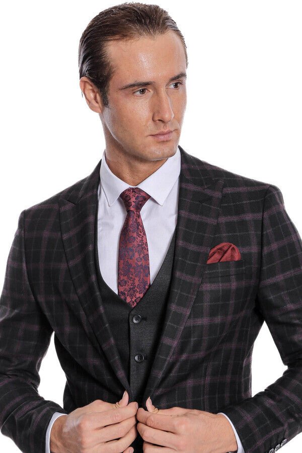 Purple Vested Slim Fit Checked Black Men Suit