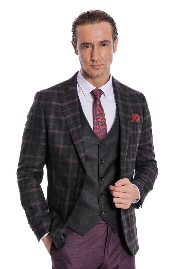 Purple Vested Slim Fit Checked Black Men Suit