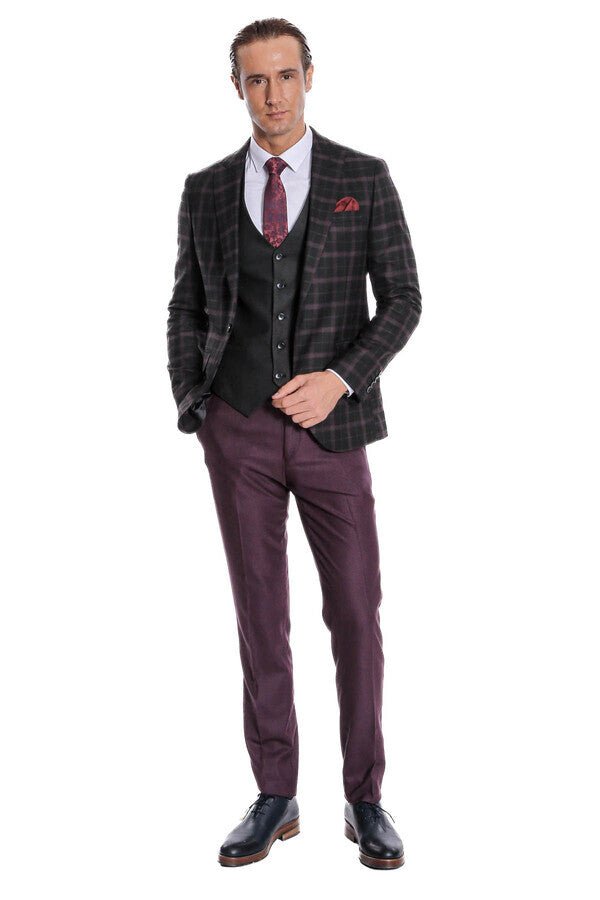 Purple Vested Slim Fit Checked Black Men Suit