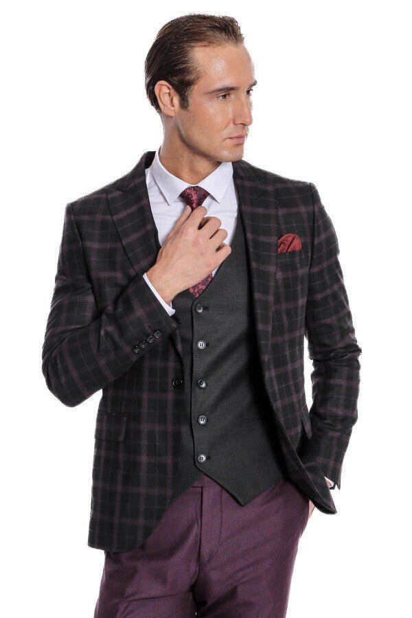 Purple Vested Slim Fit Checked Black Men Suit