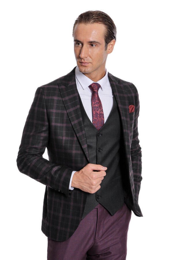 Purple Vested Slim Fit Checked Black Men Suit