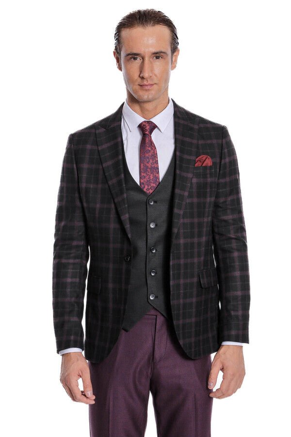 Purple Vested Slim Fit Checked Black Men Suit