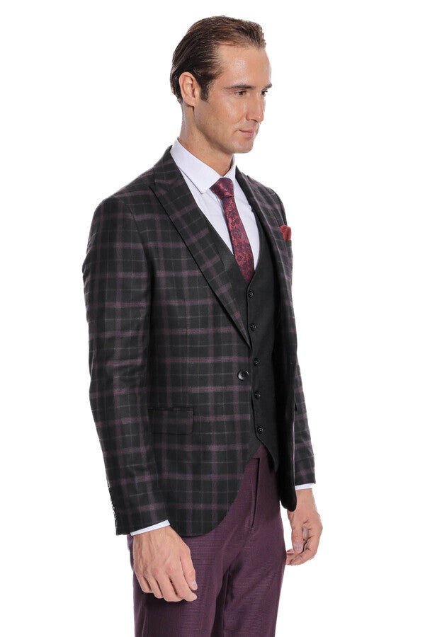 Purple Vested Slim Fit Checked Black Men Suit