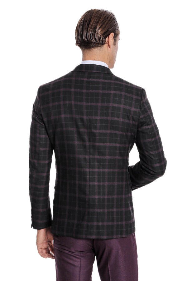 Purple Vested Slim Fit Checked Black Men Suit